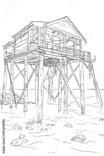 Wooden Structure Built On Stilts, coloring book style, vector design