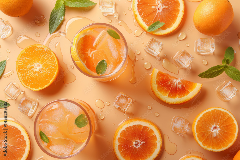 Top view of refreshing orange drinks with ice cubes and sliced oranges on a pink background.