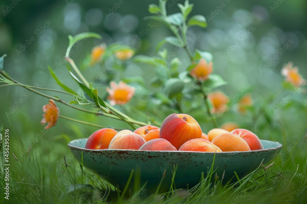 Ripe peaches in a bowl on a sunny day, surrounded by green leaves, capturing the essence of summer.
