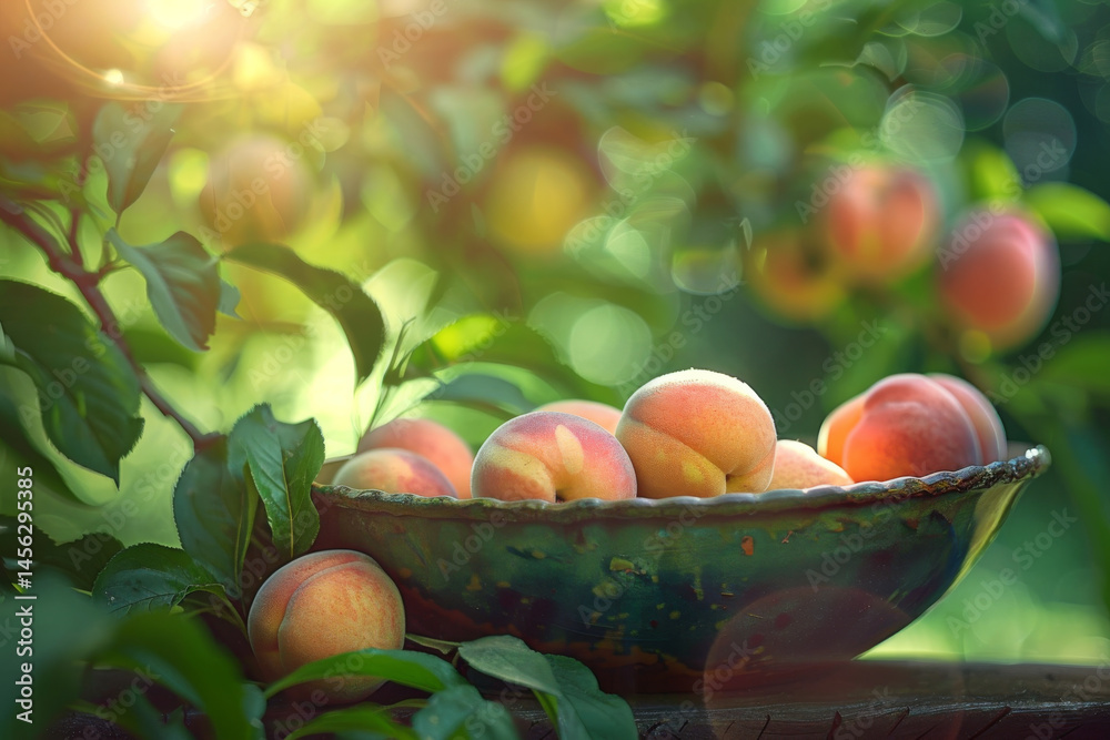 Ripe peaches in a bowl on a sunny day, surrounded by green leaves, capturing the essence of summer.
