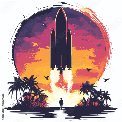 vector rocket taking off at sunset 80s style .Generative AI
