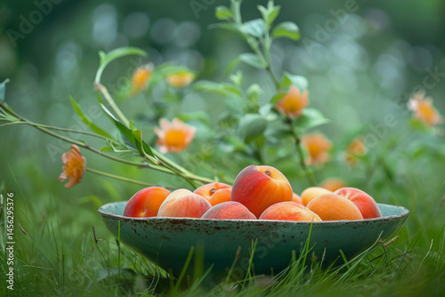 Obraz na płótnie Ripe peaches in a bowl on a sunny day, surrounded by green leaves, capturing the essence of summer. w salonie