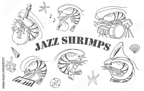 Seafood Characters Line Art, Funny Shrimp Vector Collection