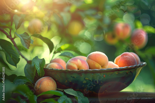 Obraz na płótnie Ripe peaches in a bowl on a sunny day, surrounded by green leaves, capturing the essence of summer. w salonie