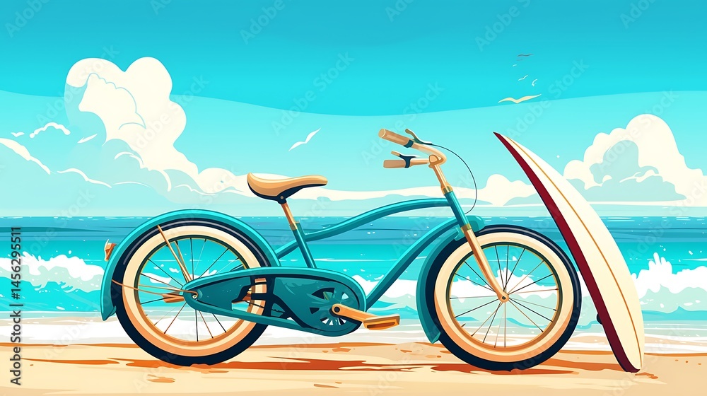 Fototapeta premium Beach bike and surfboard illustration