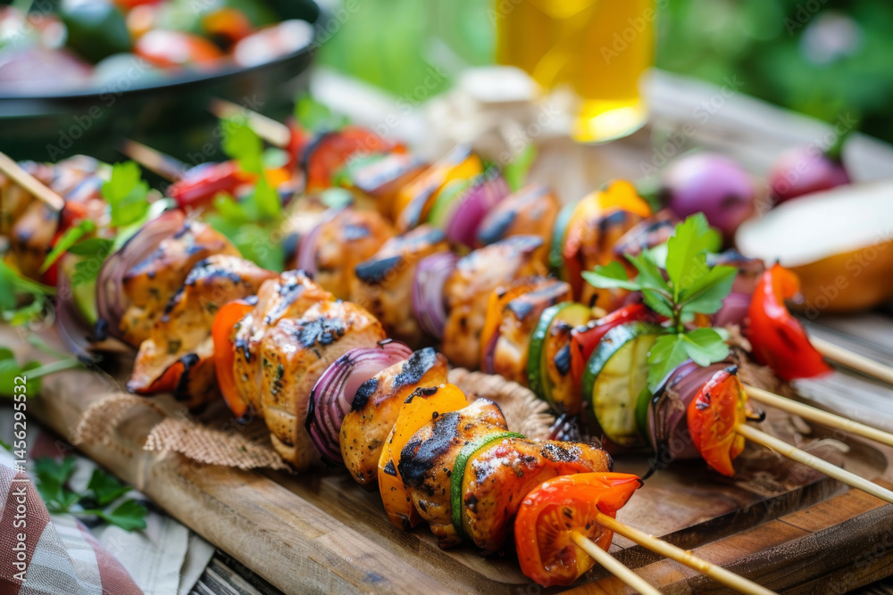 Grilled chicken and vegetable skewers on a rustic table, surrounded by fresh ingredients and condiments.