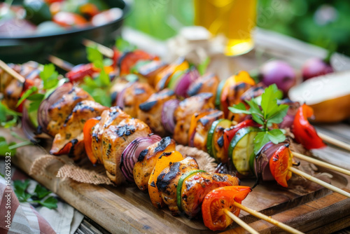 Obraz na płótnie Grilled chicken and vegetable skewers on a rustic table, surrounded by fresh ingredients and condiments. w salonie