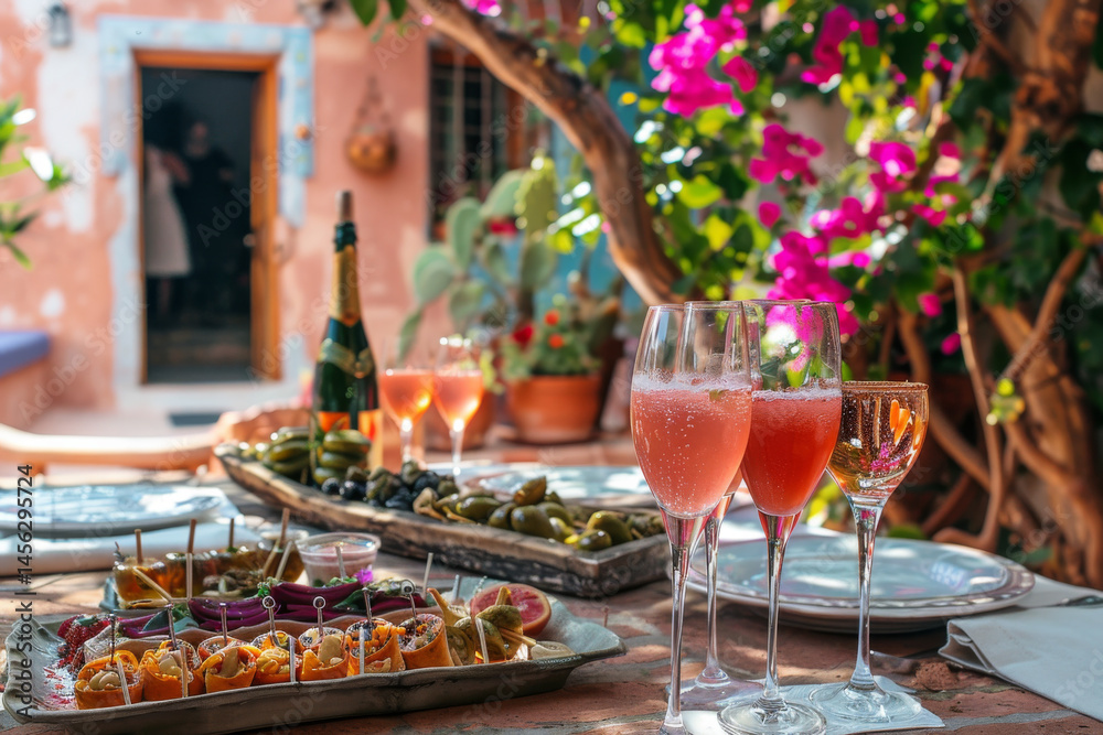 Elegant outdoor dining setup with appetizers and sparkling drinks on a sunlit table, surrounded by colorful flowers.