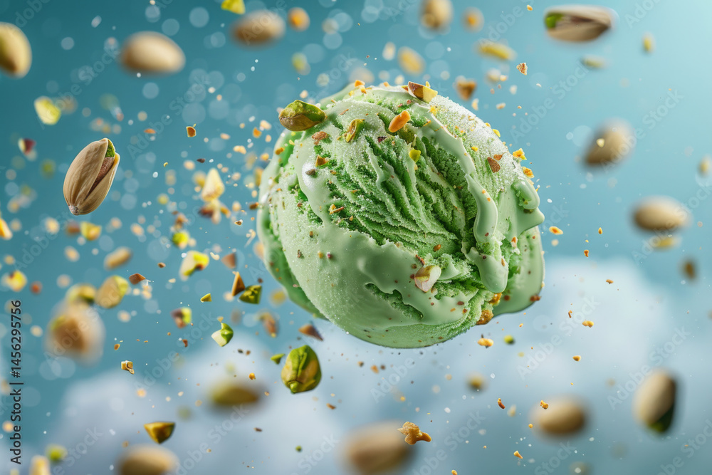Floating pistachio ice cream scoop with pistachios in the air, creating a magical and dreamy scene.