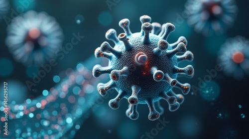 Genetically engineered virus particle suspended in synthetic fluid, surrounded by data streams and nanotechnology symbols, close-up, microphotography