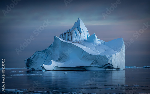 Massive iceberg, dramatic icy mountain, ocean backdrop.