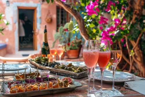 Obraz na płótnie Elegant outdoor dining setup with appetizers and sparkling drinks on a sunlit table, surrounded by colorful flowers. w salonie