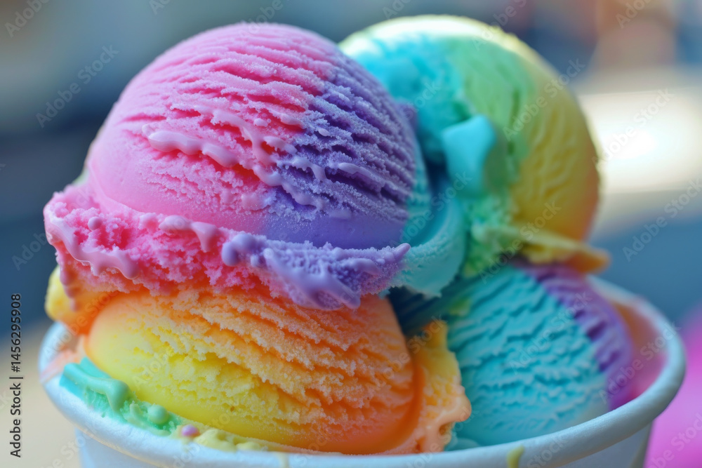 Colorful rainbow ice cream scoops in a cup, showcasing vibrant, pastel hues and a creamy texture.