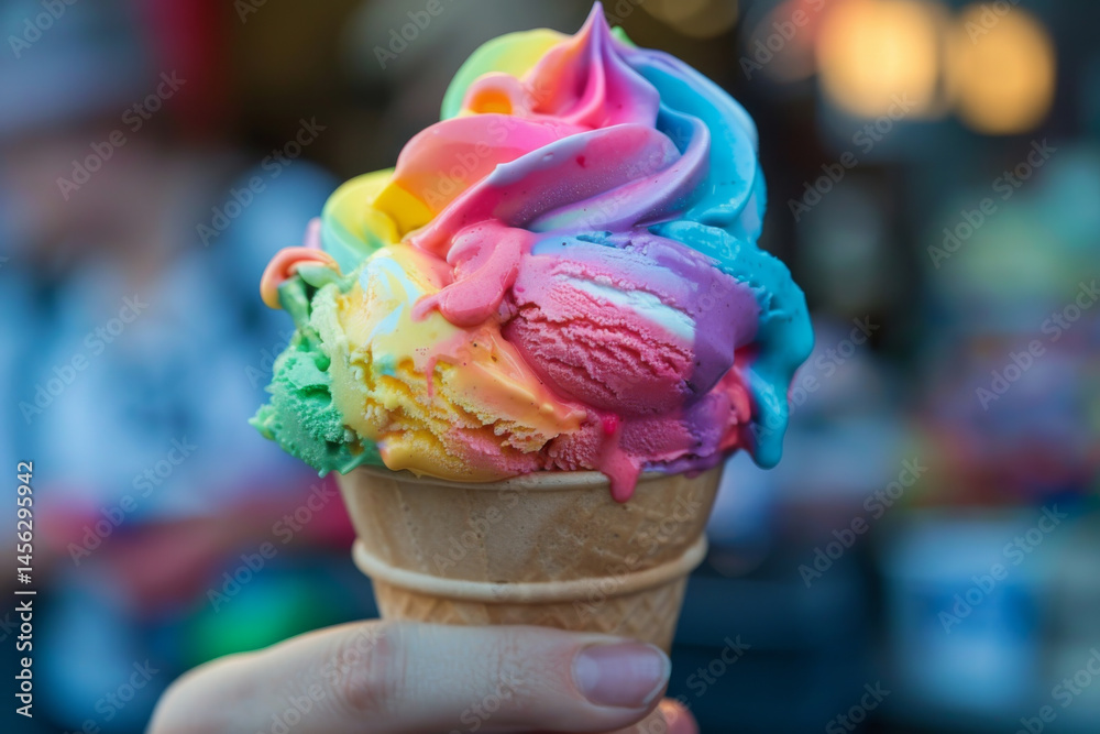 Colorful rainbow ice cream scoops in a cup, showcasing vibrant, pastel hues and a creamy texture.