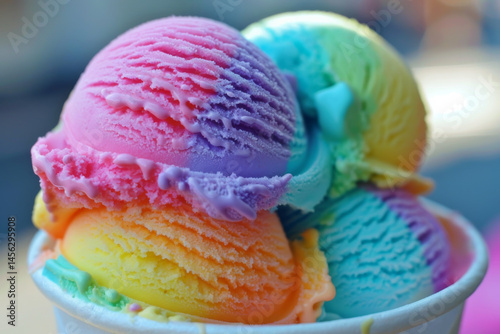 Obraz na płótnie Colorful rainbow ice cream scoops in a cup, showcasing vibrant, pastel hues and a creamy texture. w salonie
