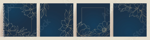 Golden flowers drawn with line, contour on blue background. Vector set of abstract luxury golden square cards, Elegant wedding invitation card with flowers. Nature card in minimal line style.