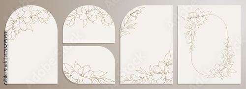 Luxury arch wedding invitation card, label with golden botanical leaves, flowers. Abstract floral art background vector design for wedding, business, birthday, postcards, covers. Line art style.