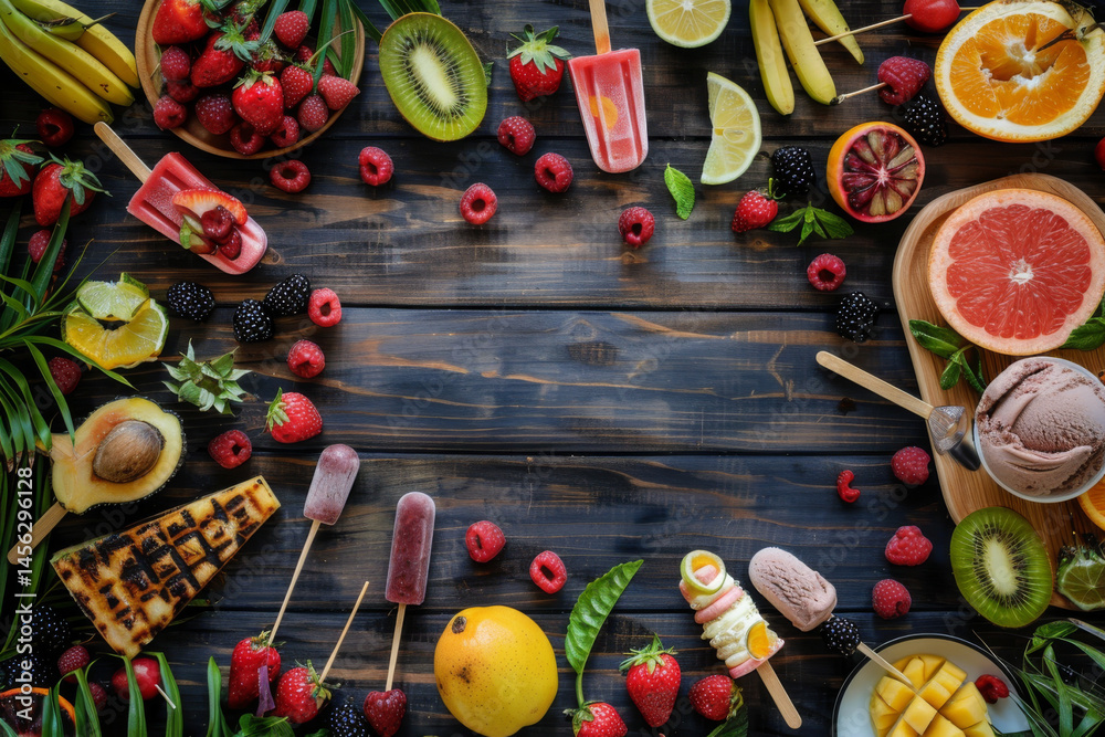 Colorful fruit popsicles with fresh fruits and ice cream on a wooden table, creating a vibrant summer scene.