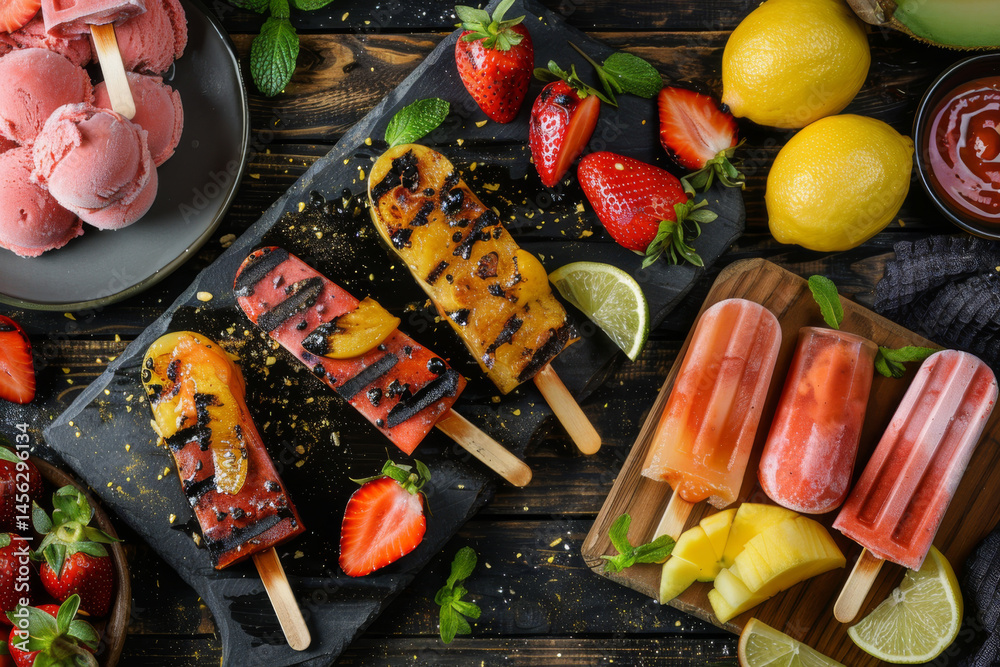 Colorful fruit popsicles with fresh fruits and ice cream on a wooden table, creating a vibrant summer scene.