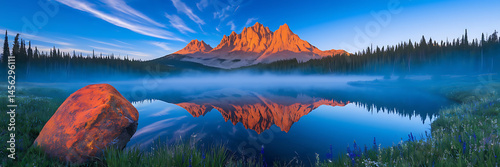 Misty lake reflects fiery mountains. Nature's tranquil beauty.