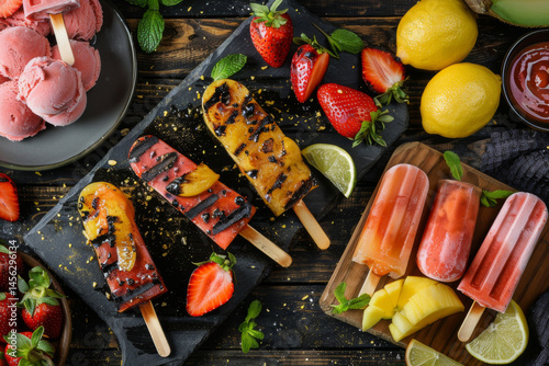 Obraz na płótnie Colorful fruit popsicles with fresh fruits and ice cream on a wooden table, creating a vibrant summer scene. w salonie