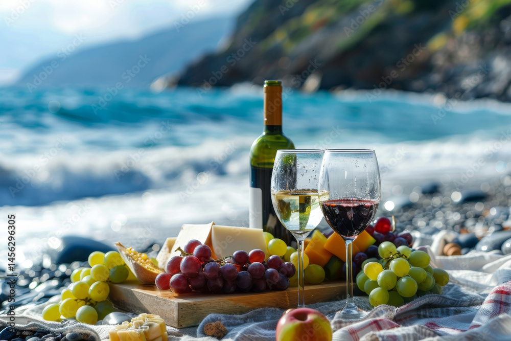 Beach picnic with wine, fresh fruits, and flowers on sand, creating a serene and inviting seaside scene.