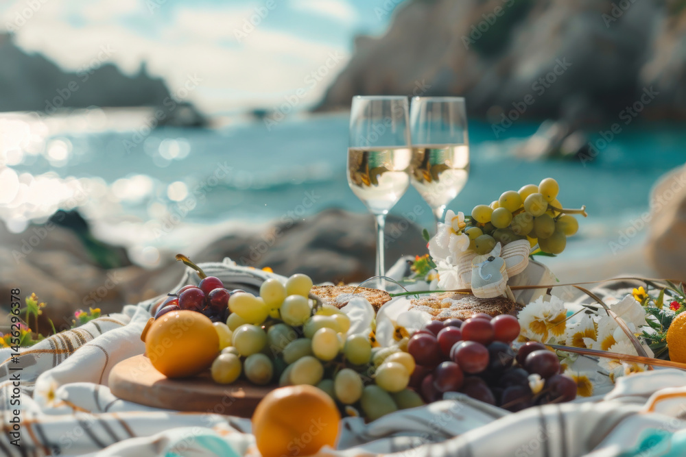 Beach picnic with wine, fresh fruits, and flowers on sand, creating a serene and inviting seaside scene.