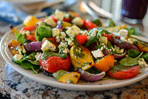 Obraz na płótnie Colorful roasted vegetable salad with feta cheese, fresh basil, and herbs, creating a vibrant and healthy dish. w salonie