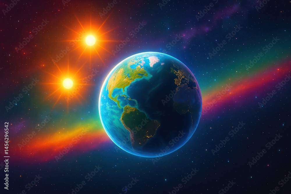 Fototapeta premium Cosmic wonders unveil a vibrant view of Earth illuminated by twin suns in a breathtaking galaxy Generative AI