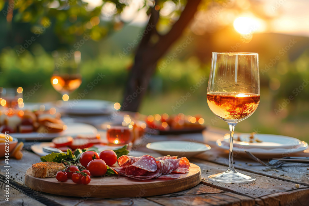 Outdoor dining setup with wine, charcuterie, and appetizers on a rustic table, illuminated by warm sunset light.