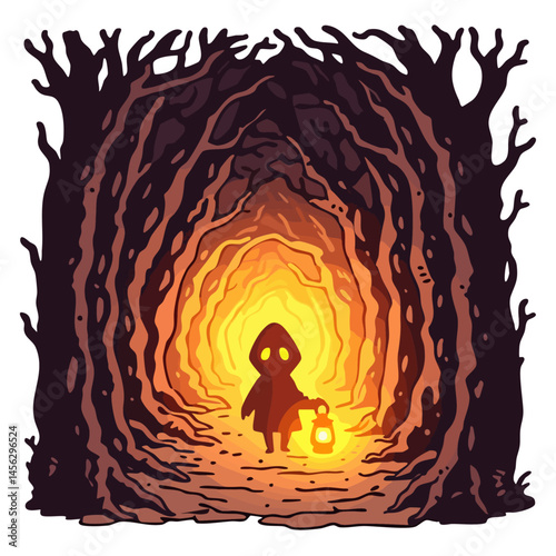 Mystery person in a hooded cloak with oil lamp lantern standing on a road in a dark black spooky forest tunnel at night, doodle cartoon character, kawaii isolated cute and simple vector illustration