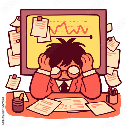 Tired exhausted corporate office worker sitting at the desk, headache burnout from deadline overwork paperwork stress, deadline pressure, doodle cartoon character, isolated cute  vector illustration