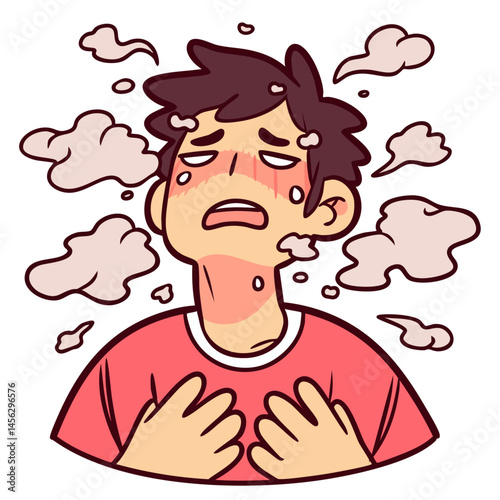 Crying exhausted man holding his chest in emotional pain, suffering from trauma breakup or loss, panic attack, doodle cartoon character, isolated cute and simple vector illustration