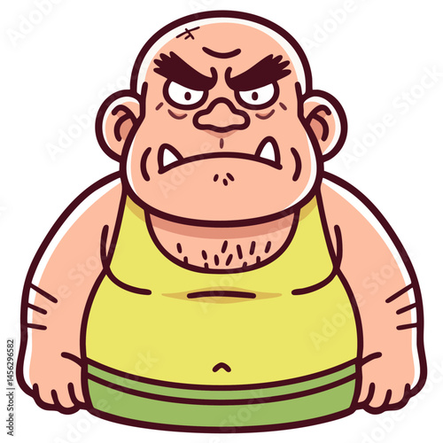 Ugly unattractive bald man in a singlet with chest hair, huge eyebrows and fangs, grotesque weird angry neighbor caricature, doodle cartoon character, isolated clean and simple vector illustration