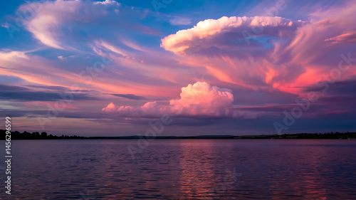 Dramatic sunset over a lake. Pink and purple clouds. Calm water.
