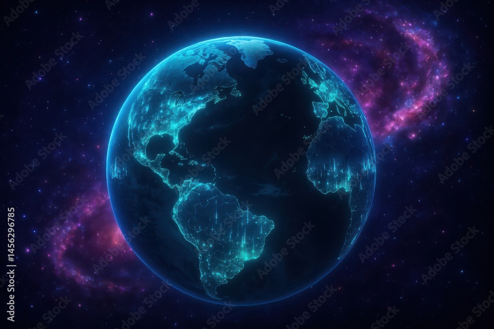 Naklejka premium Vibrant cosmic view of Earth illuminated by glowing data networks in a vast universe at night Generative AI
