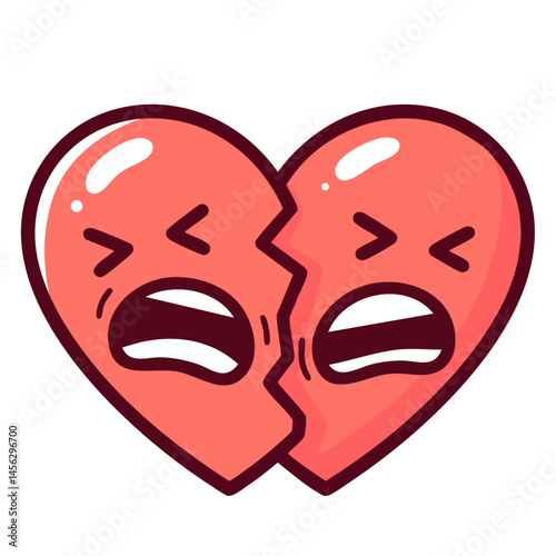 Broken heart with crack in the middle, heartbreak emotional love breakup, pain of divorce cheating heartache, doodle cartoon character, isolated cute clean and simple vector illustration