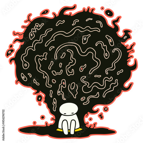 Depressed person sitting with big cloud of dark black negative thoughts and feelings of hopelessness or anxiety, doodle cartoon character, isolated clean and simple vector illustration