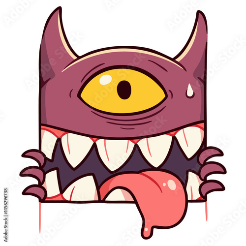 Scary cyclopes monster peeks out from behind the door, with sharp teeth and tongue sticking out, doodle cartoon character, kawaii isolated cute clean and simple vector illustration