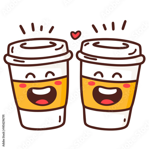 Two happy cheerful takeaway coffee cups having joyful chat, lovely americano paper cups, doodle cartoon character, kawaii isolated cute clean and simple vector illustration