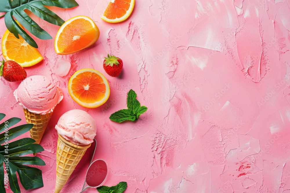 Colorful ice cream cones and scoops with fresh fruits and nuts on a pink background, creating a vibrant scene.