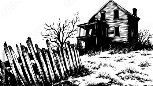 Abandoned House With Crooked Fence, vector illustration