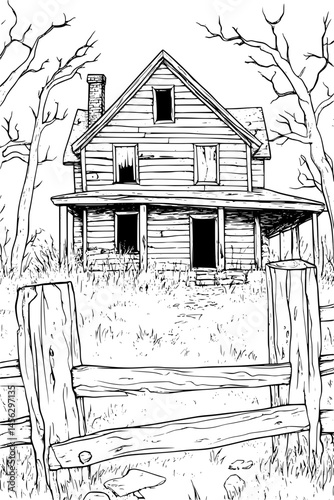 Abandoned House With Crooked Fence, coloring book design, vector illustration