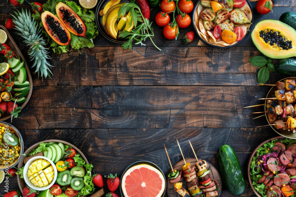 Assorted grilled skewers and fresh salads arranged on a rustic wooden table, creating a colorful and appetizing spread.