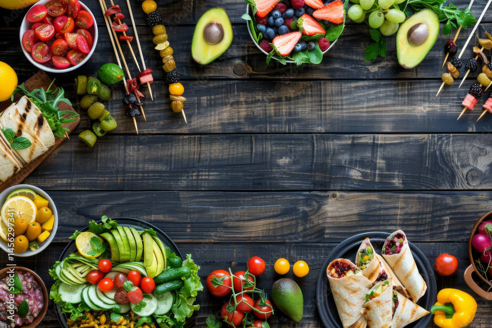 Assorted grilled skewers and fresh salads arranged on a rustic wooden table, creating a colorful and appetizing spread.