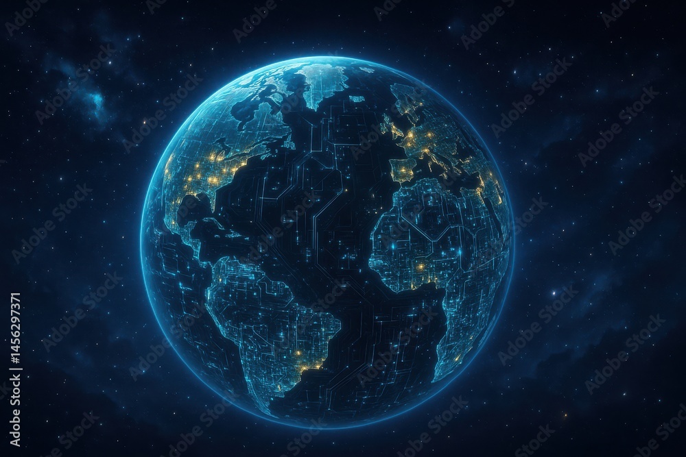 Fototapeta premium Illuminated globe showcasing vibrant city lights against a vast cosmic backdrop during a serene night Generative AI