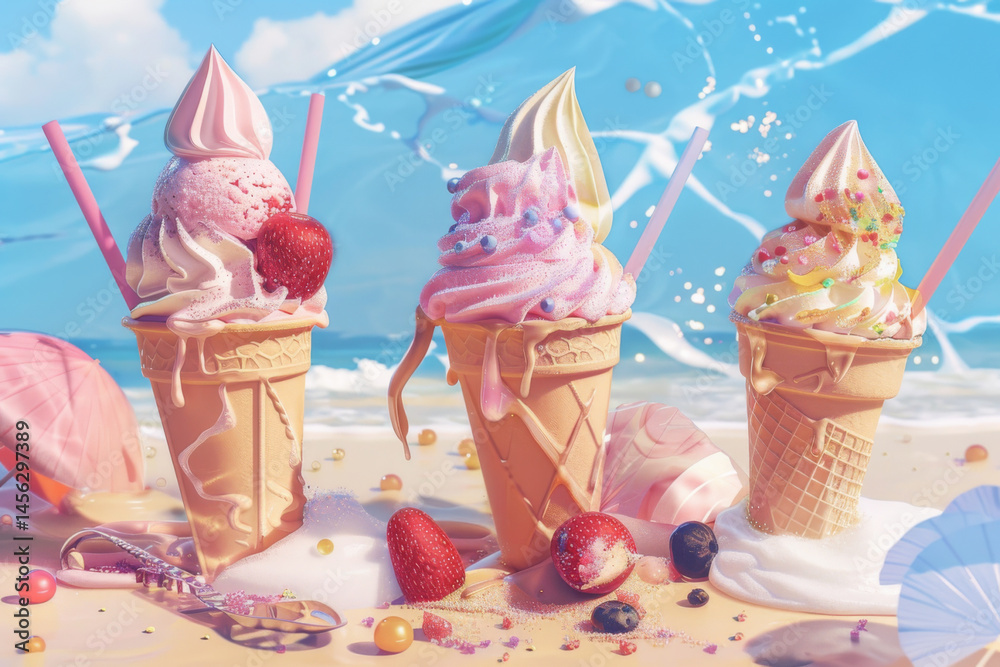 Colorful melting ice cream cones with strawberries on a sunny beach, creating a vibrant and playful summer scene.
