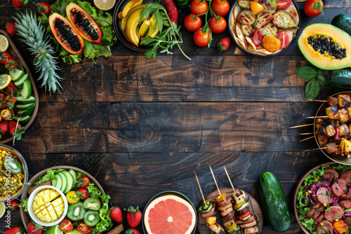 Obraz na płótnie Assorted grilled skewers and fresh salads arranged on a rustic wooden table, creating a colorful and appetizing spread. w salonie