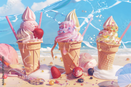 Obraz na płótnie Colorful melting ice cream cones with strawberries on a sunny beach, creating a vibrant and playful summer scene. w salonie