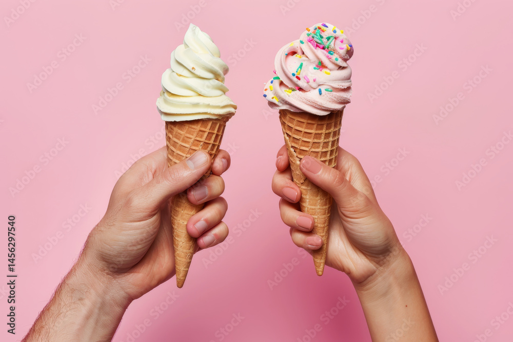A hand holding a strawberry ice cream cone with a fresh strawberry on top against a pink background.